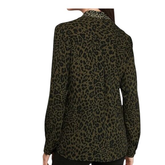 NEW EXPRESS Draped V-Neck Blouse Top Medium Green Black Animal Print Career Work - Picture 2 of 9